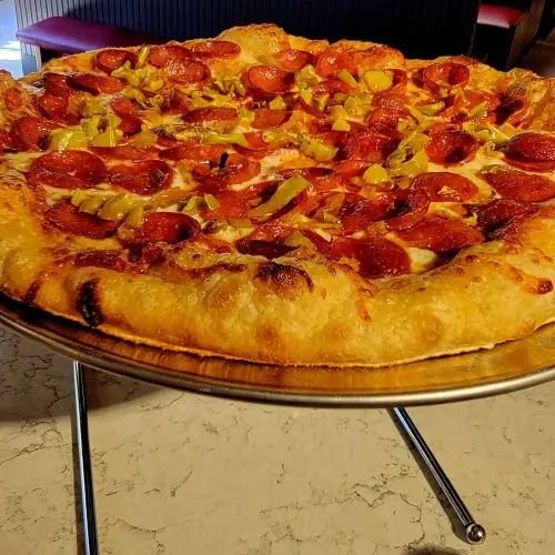 Yurapeppa, a pizza topped with cupping pepperoni and pepperoncini at Pairfield Pizza & Pints