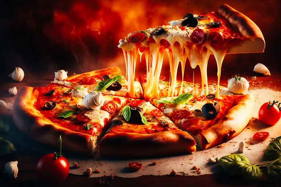 A pizza with melted mozzarella fresh from the oven