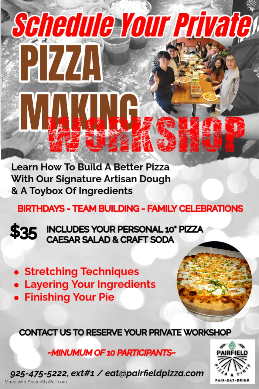 Private pizza-making workshop flyer: $35 includes a personal 10-inch pizza, Caesar salad and craft soda. Minimum 10 participants.